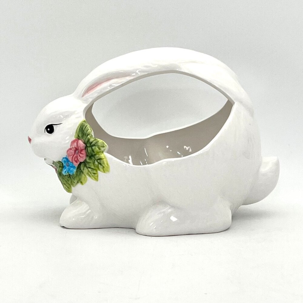 Vintage Collectible Oxford Elite Ceramic Easter Bunny Basket Floral Design Decor - Picture 4 of 14